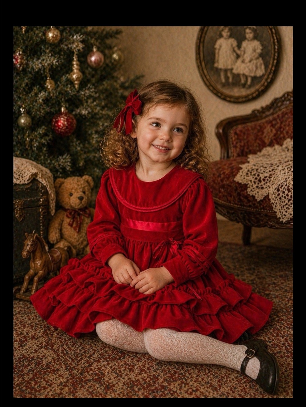 Vintage Martha Miniatures Girls Red Velvet Holiday Dress Ruffle Party Xmas Sz T3